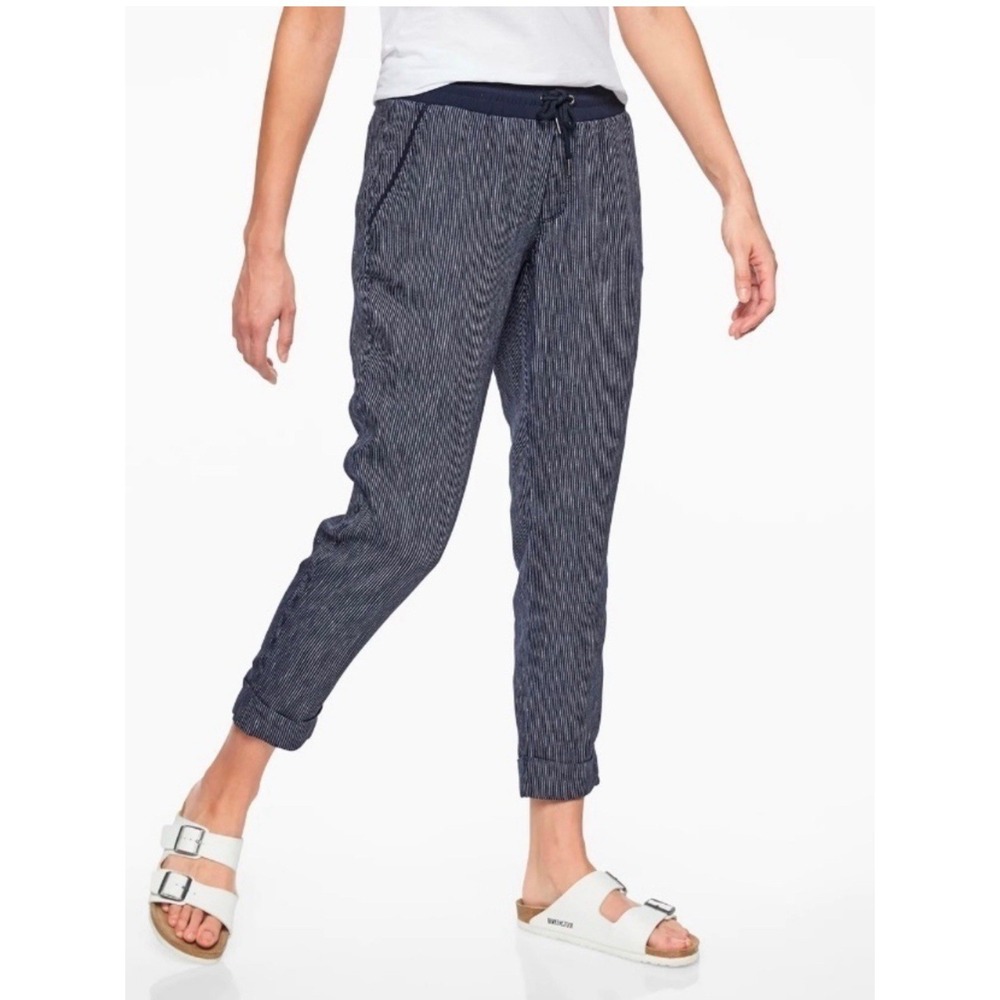 Athleta Bali 100% Linen Ankle Pant Women's Size 2‎ Navy Blue White Stripe